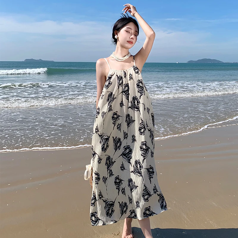 

Factory Korean Style Chic Floral Strap Dress for Women Summer French Retro Loose Slimming Backless Dress