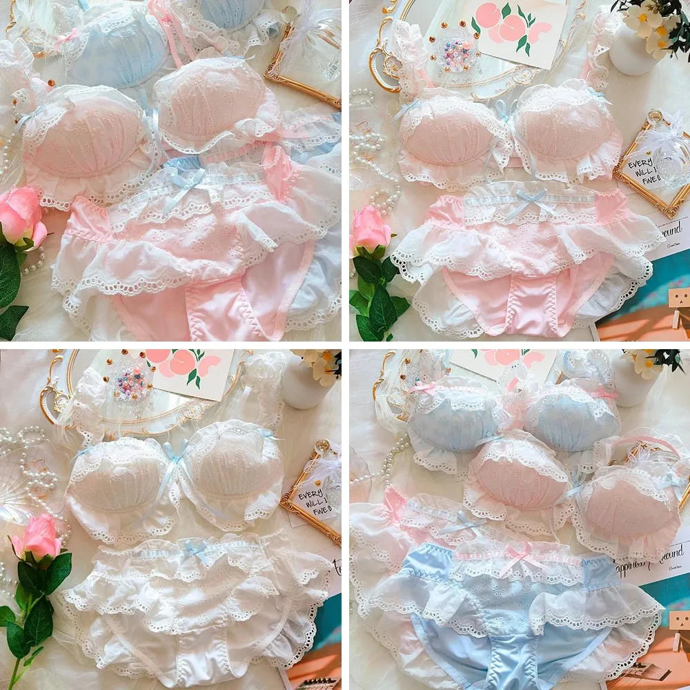 Japanese Sweet Girl Lingerie Set: Ruffles, Embroidery, Cotton Micro-Gather Bra & Panty with Cute Bow