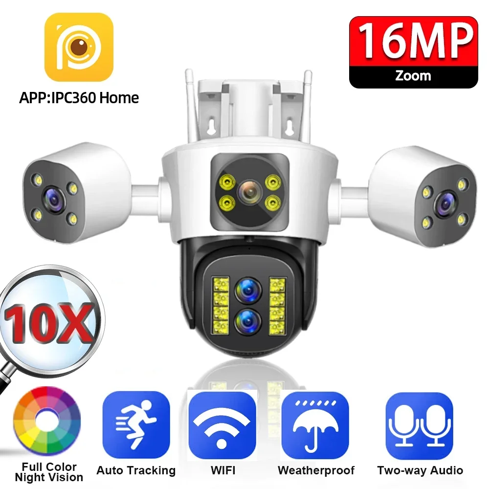 8K 16MP IP Camera WIFI Four Lens Three Screen 10X Zoom Outdoor Security Protection Auto Tracking Video Surveillance IPC360Home