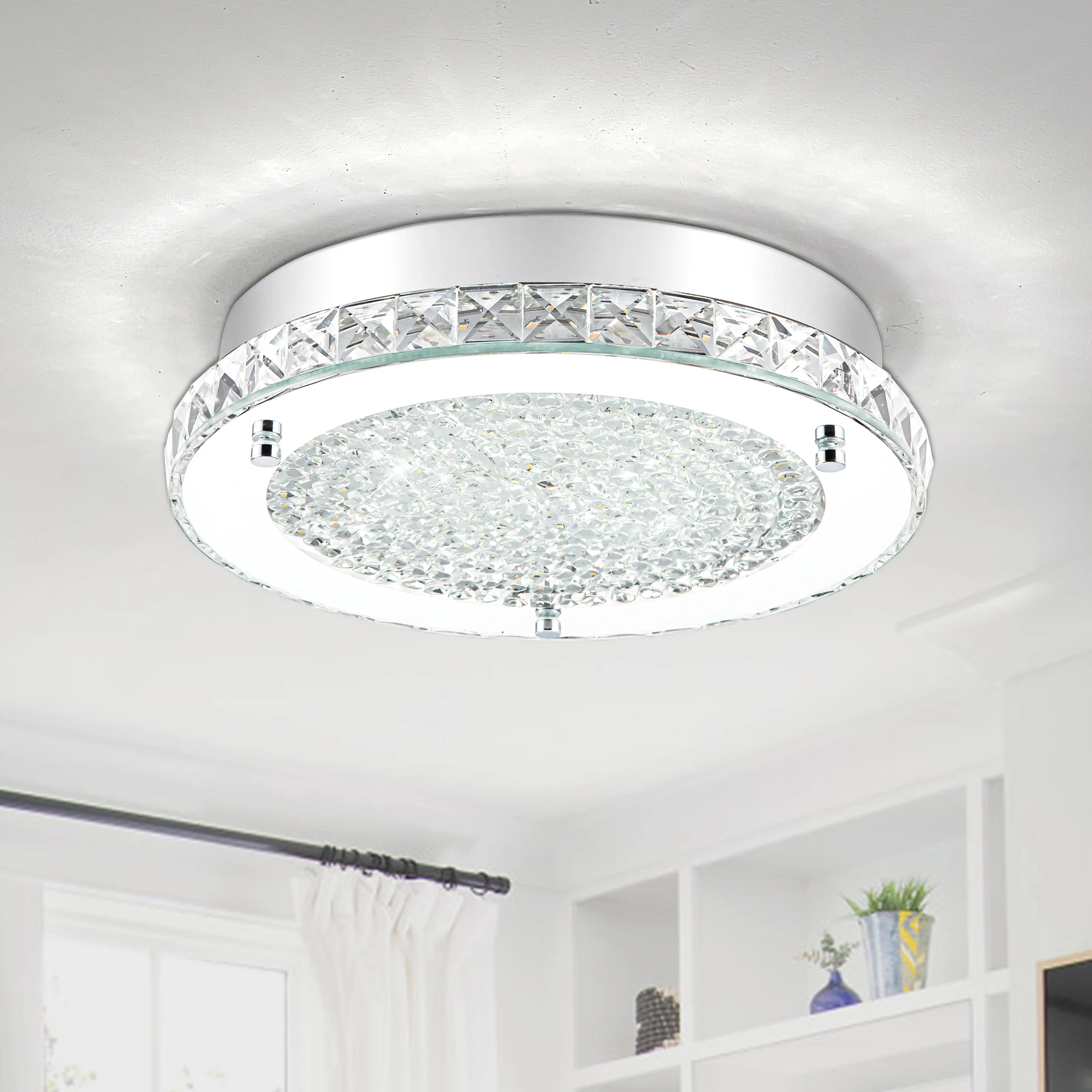 

11in Flush Mount Ceiling Light with Glass & Crystal Shade, 4000K Metal LED Lighting for Bedroom Hallway Entryway 24W