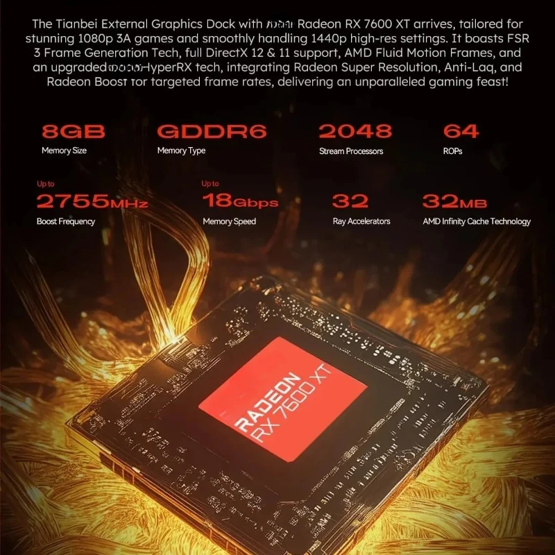 Graphics Card RX 7600XT 8GB GDDR6 RDNA3 Architecture 2300MHz OCulink PCI4.0x4 USB4 240W PC Power Supply