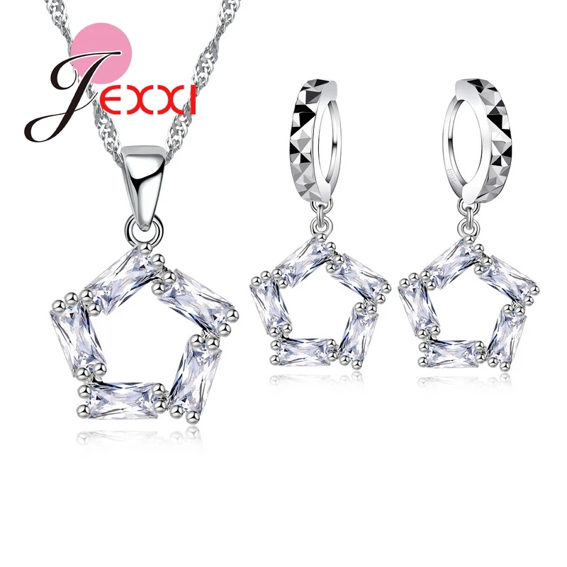 Top Quality Beautifull Crystal Pentagon Star Chain Necklace & Earrings 925 Sterling Silver Jewelry Sets Women's Gift