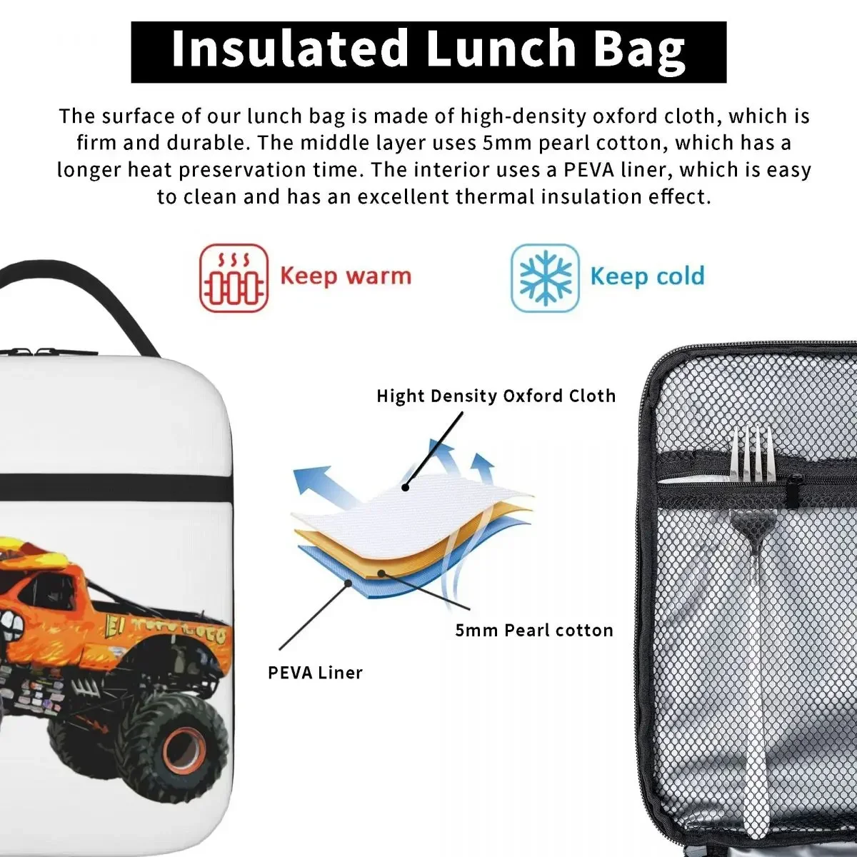 El Toro Loco - Monster Truck Insulated Lunch Bags Picnic Bags Thermal Cooler Lunch Box Lunch Tote for Woman Work Children School