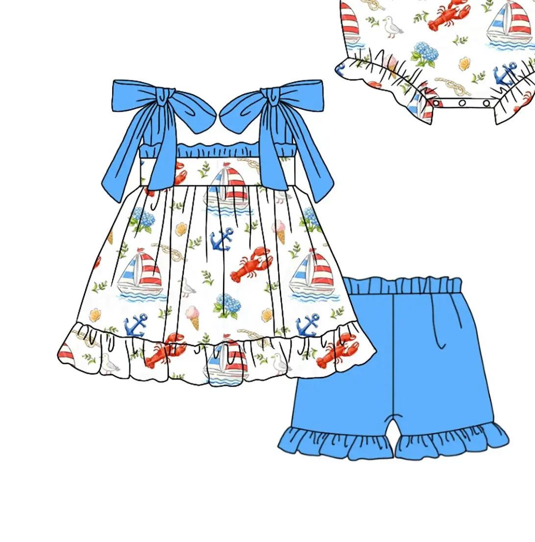 Little Girls 4th Of July Outfits Wholesale Sisters Clothing Children Boutique Sailboat Crayfish Clothes