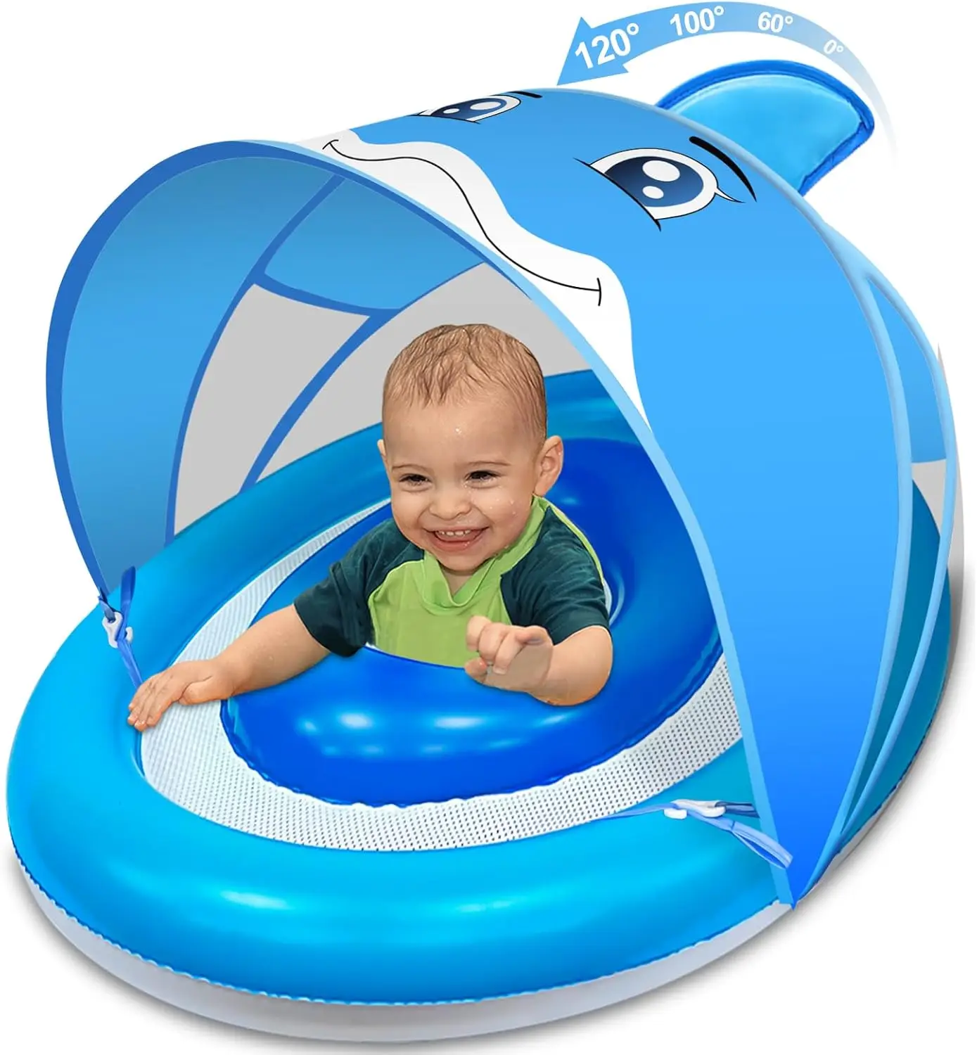 

25.6" Baby Pool Float with Safety Seat & Canopy, Inflatable Swim Ring for 6-36 Months, Enhanced Stability