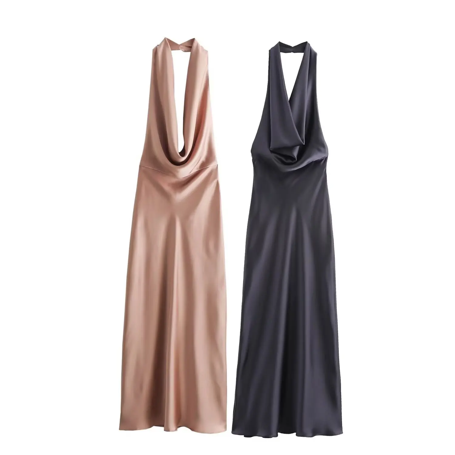 

TRAFZA Summer Female Solid Big Neckline Dress Casual Backless Hanging Neck Dresses Women's Satin Sleeveless Ruched Dress Mujer