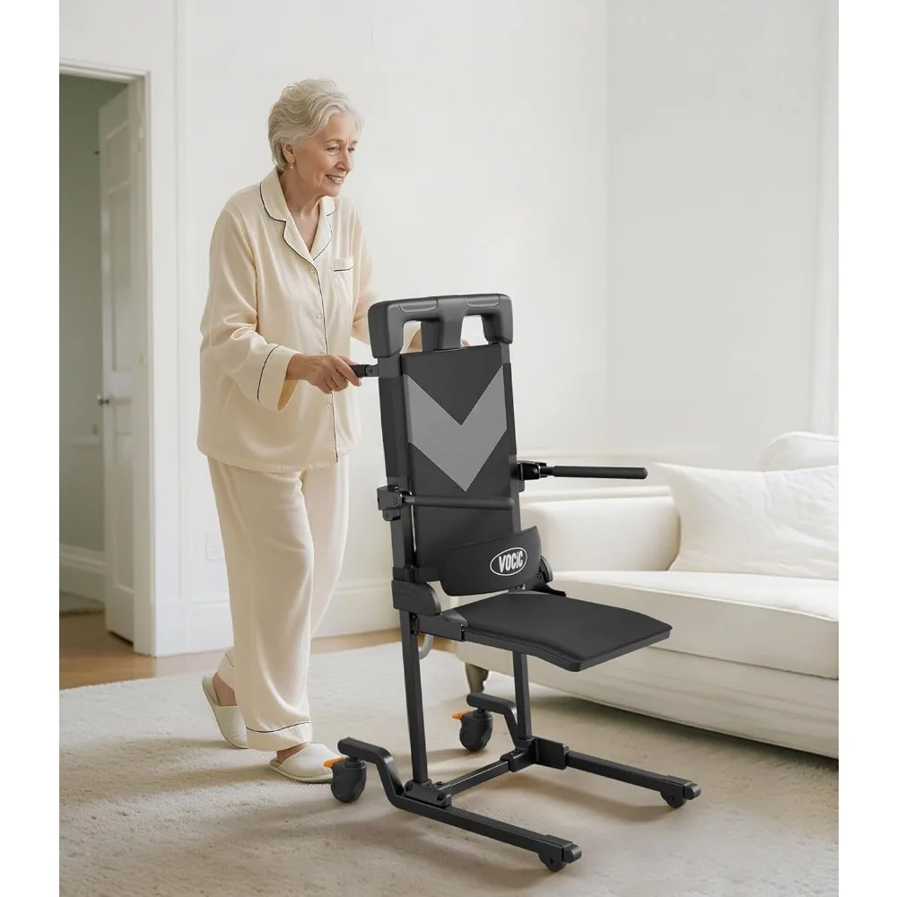 

Portable 4-Wheel Electric Chair Lift with T-Base Stabilization for Short-Distance Mobility Assistance