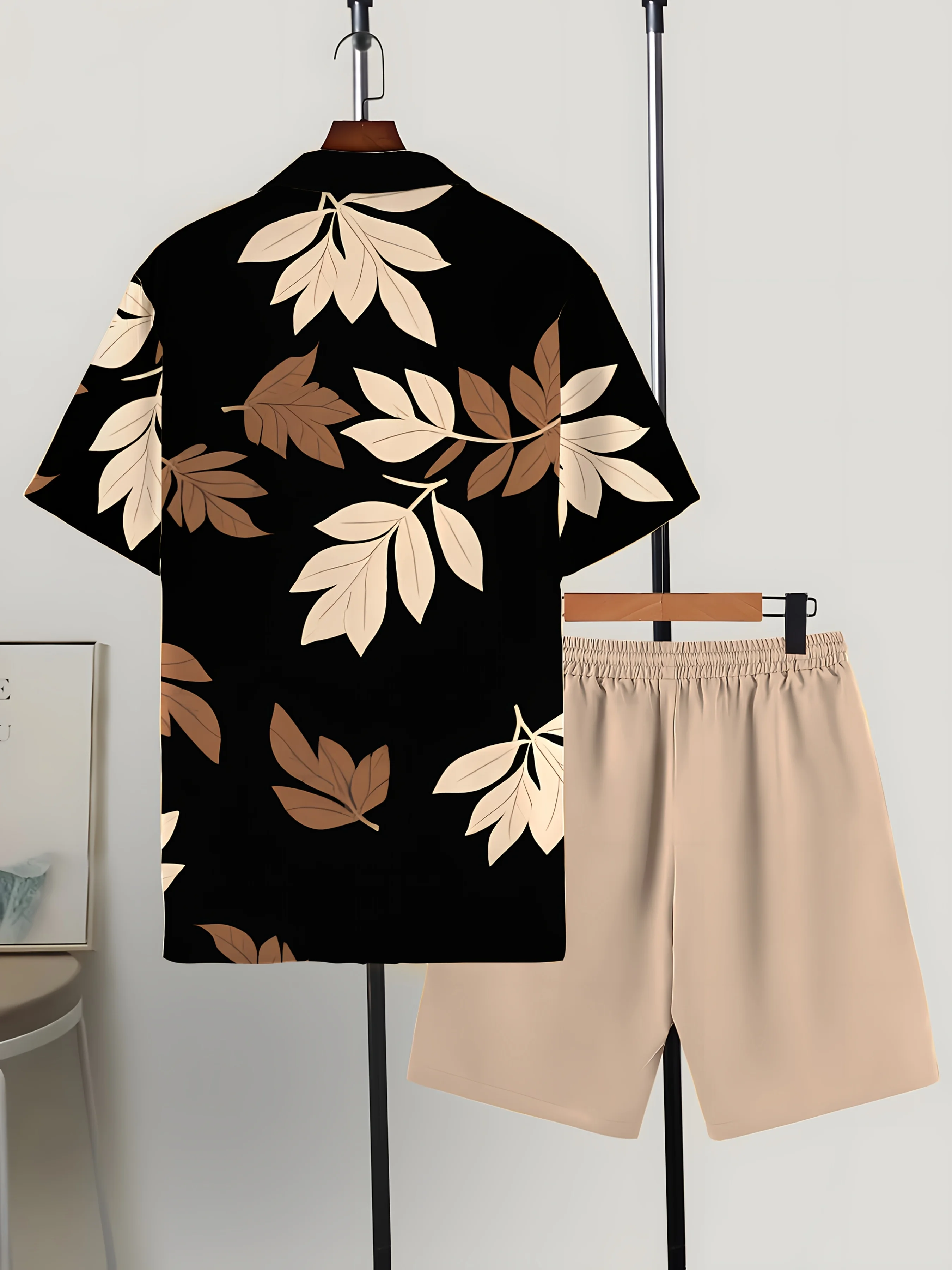 Retro Foliage Botanical Graphic Men Co‑ord Set Turn‑down Collar Button Shirt Elastic Waist Short Pant Vacation Suit