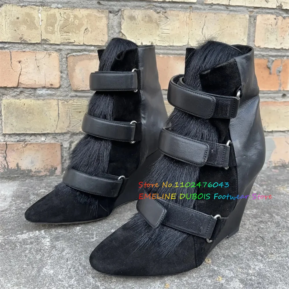 

Furry Wedge Heel Short Boot Women Suede Pointed Toe Hook & Loop High Heel Winter Warm Elegant Walk Show Party Dress Shoes