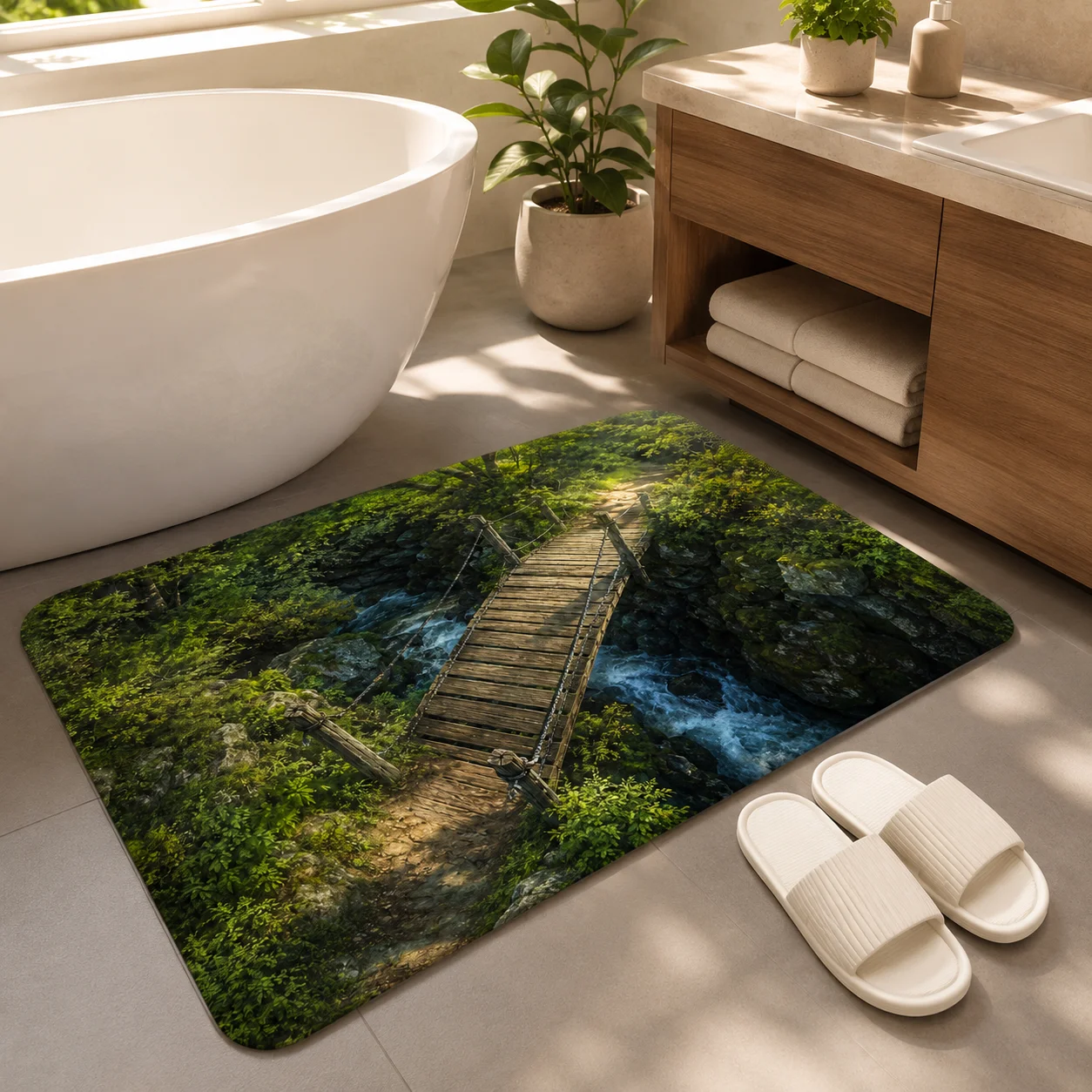 3D Visual Illusion Doormat Forest Path Wooden Bridge Printed Rugs Anti-slip Nature Bridge Floor Mat For Outdoor Bathroom Decor