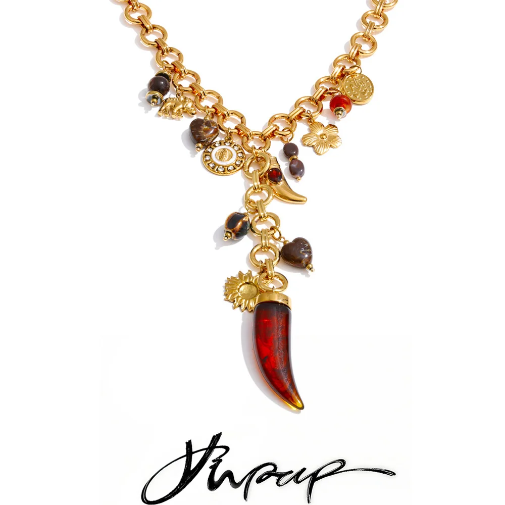 

Yhpup New Design Stainless Steel Acrylic Flower Horn Charms Pendant Statement Necklace 18K Gold PVD Plated Aesthetic Jewelry