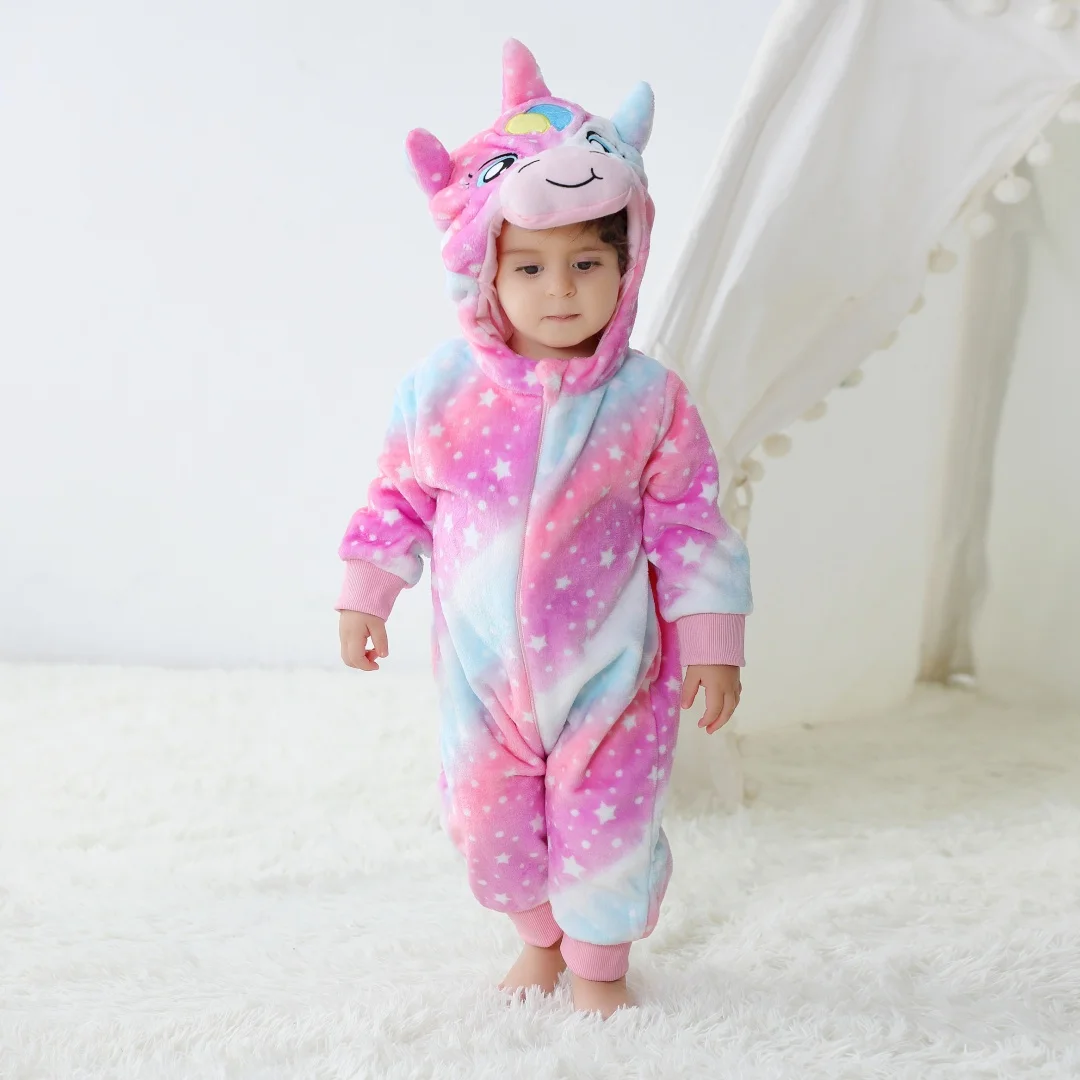 Toddler Boys Girls Kigurumi Pajamas Sleepwear Baby Cute Cow Unicorn Cartoon Rompers Infant Flannel Animal Onesies For Christmas