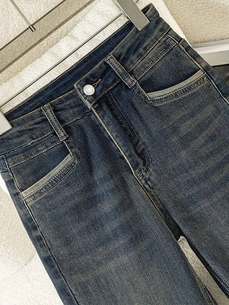슬리밍 시멘트 아이 데님 진 하이웨이스트 스트레이트 레그 여성 여름 스몰 사이즈 바지 웨이드 헴 진 코튼 블렌드