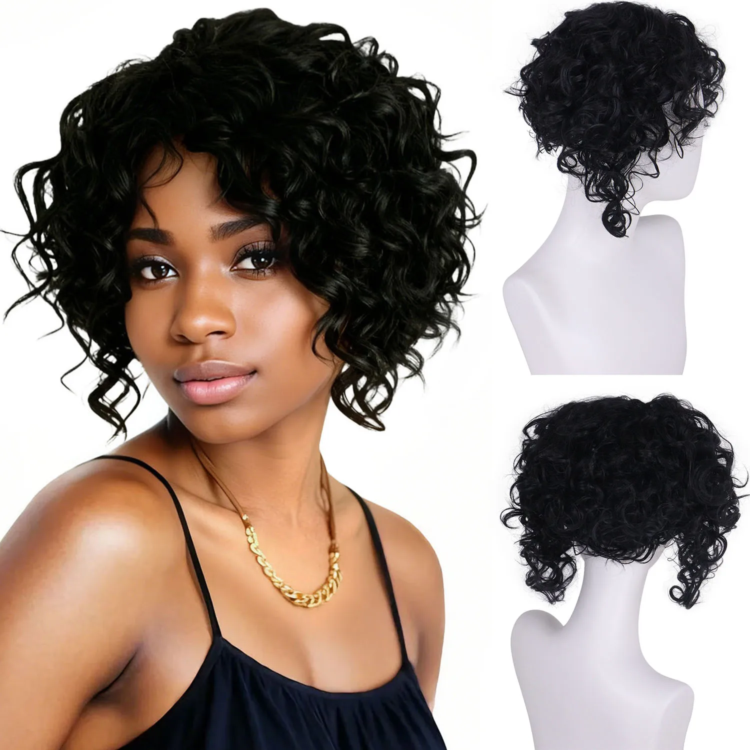 

Синтетические пушистые волосы афро парики для чернокожих женщин Короткий вьющийся черный парик с челкой Афро-американские женские полные парики Повседневный костюм