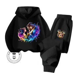 Comfy Chic Solid Color Spring Autumn Set Suitable for Kids Trendy Beauty and the Beast Disney Cartoon Playful Hoodie Tracksuit