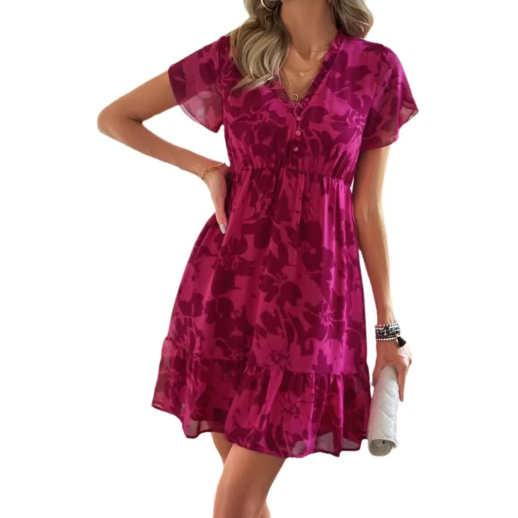 Vネックワンピース 2025春夏新作 高級感 ライトラグジュアリー 半袖 ミディアム丈 プリントワンピース 細見え カジュアル ビーチワンピース