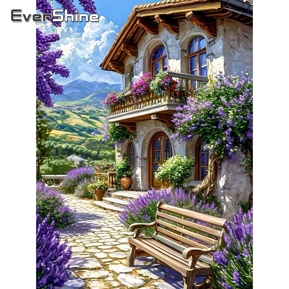 Evershine Diamantmalerei Landschaft Vollquadrat DIY Stickerei Hausbild aus Strass Mosaik Straße Blumen Wandkunst