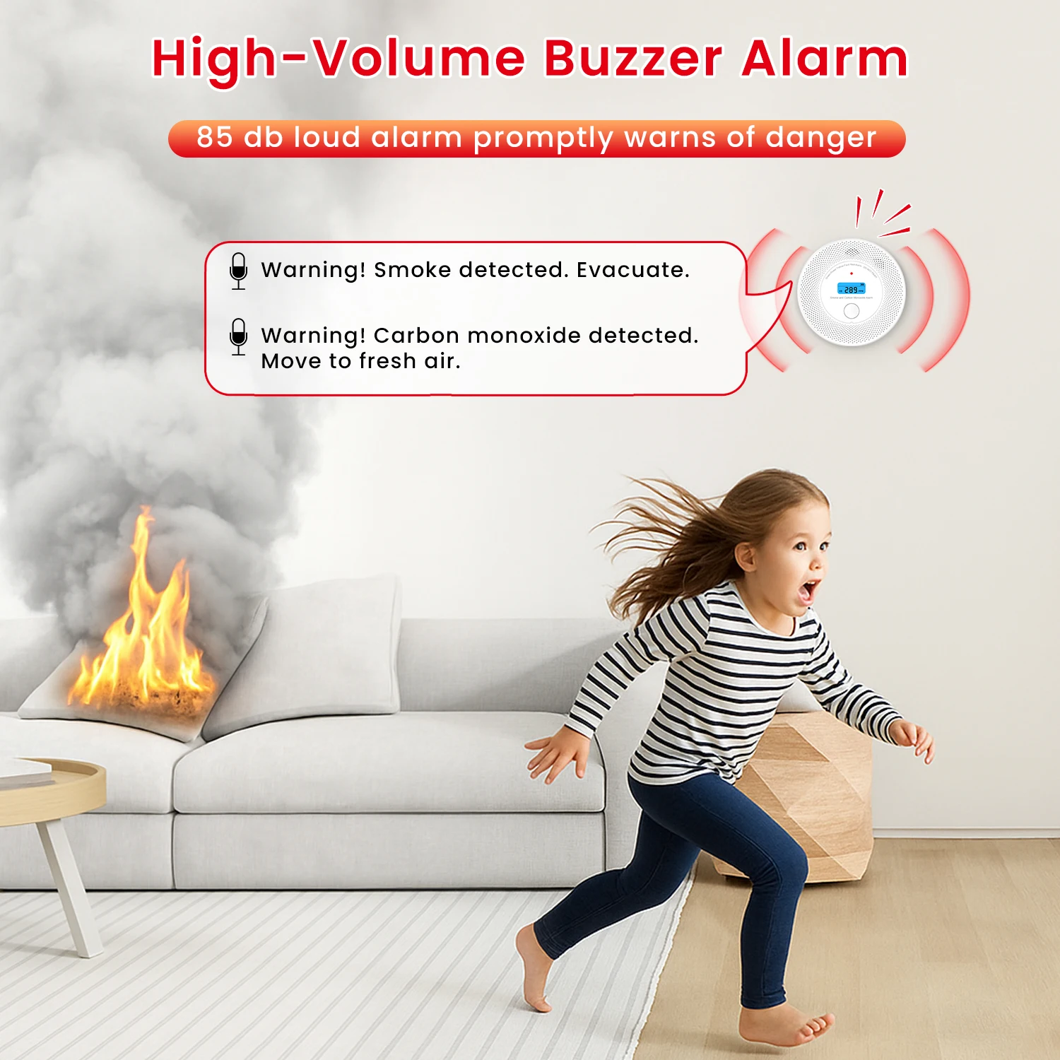 2-in-1 Smoke and Carbon Monoxide Detector Alarm with Voice Alert，10-Year Battery Fire & CO Alarm with Large LCD Display