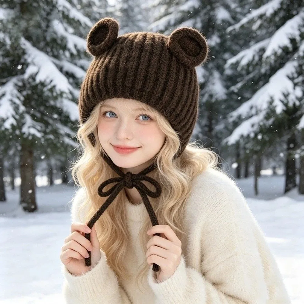 Fashionable Thicken Bear Ear Knitted Hat Cute Ear Solid Color Ear Protection Hat Keep Warm Overhead Cap Winter