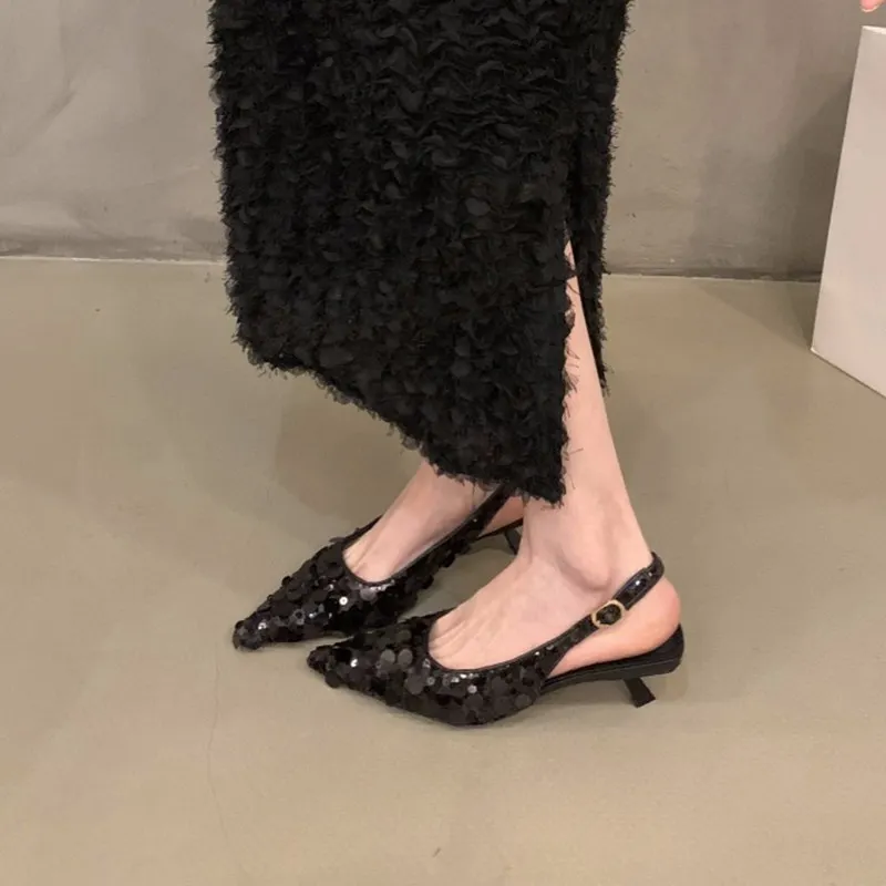 

2024 NEW Shine Sequin Pumps For Women Summer Party Pointed Toe Stiletto Heels Fashion Sexy Slingbacks Heeled Shoes New Sandals