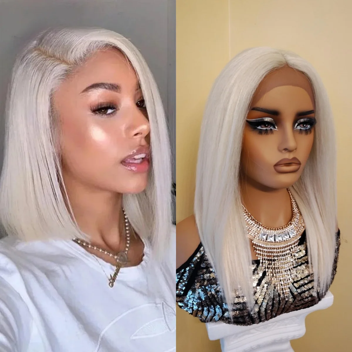 

Короткий Боб Белый Парик Прямые Парики Фронта Шнурка 13x4 HD Парик Фронта Шнурка Предварительно Сорванные Бесклеевые Натуральные Волосы Синтетический Косплей