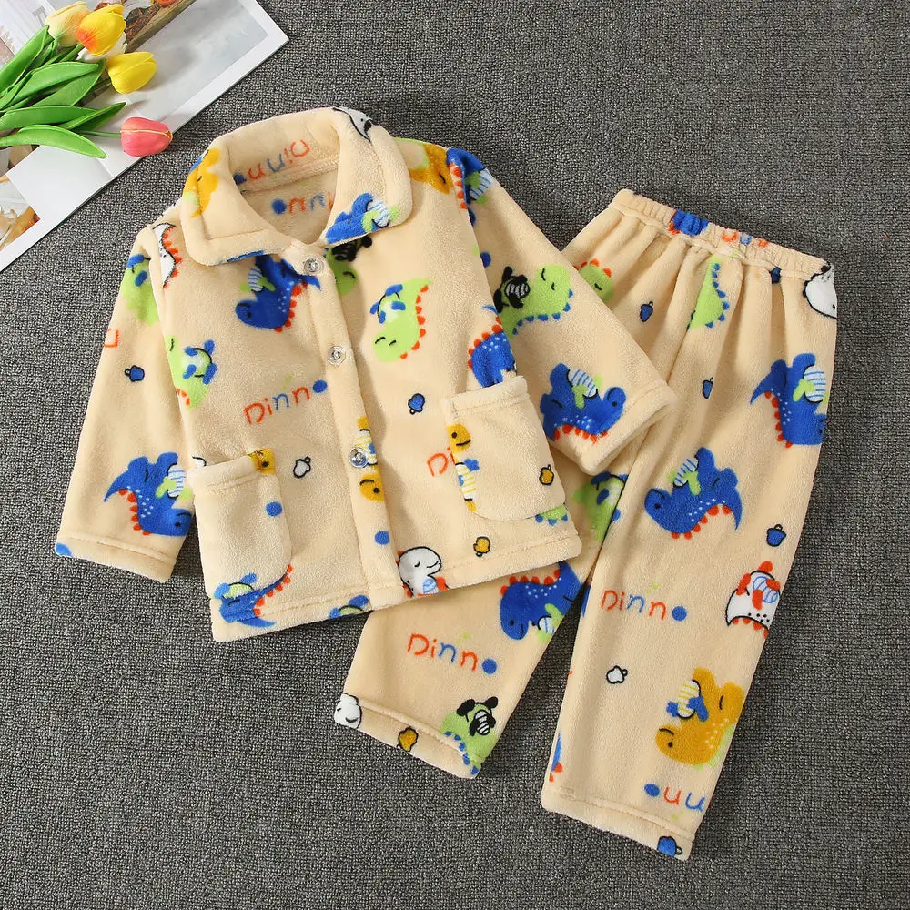 Fall and Winter Children\'s Coral Velvet Pajamas Homewear Suit Boys Girls Girls Baby Kids Thickened Facecloth Homewear Suit