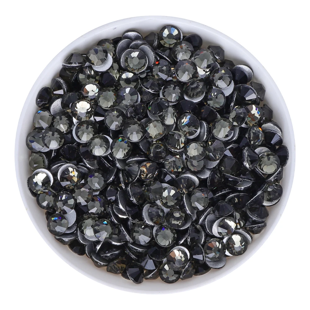 All Size SS3-SS60 Black Diamond Glass Flatback Rhinestone High Quality Round Silver Base Gray Glue On Stones for DIY Nails Art