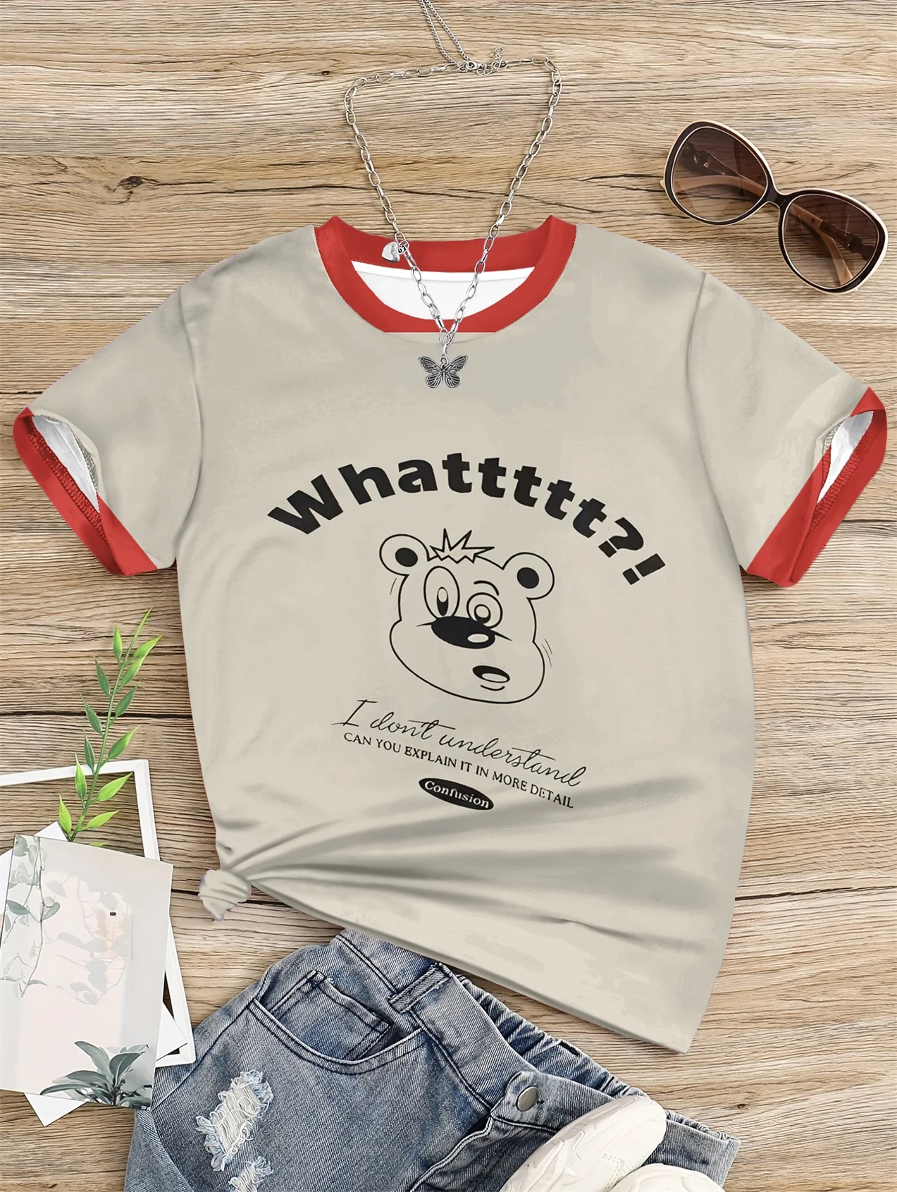

5 To14 Years Girl Clothes Cartoon Bear Face Print Beige T-shirt Children's Clothing Kids Summer Short Sleeve Child Top T-shirts