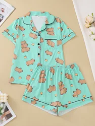 Cute dolphin print cardigan women's sleepwear set with short sleeved top and loose pants comfortable women's sleepwear