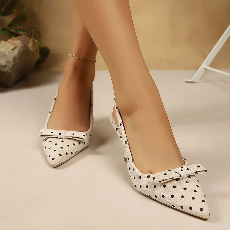 Gepunktete Slingback-Sandaletten mit spitzer Zehenpartie und Schleife für Damen, hochhackige Schuhe – Detail 3