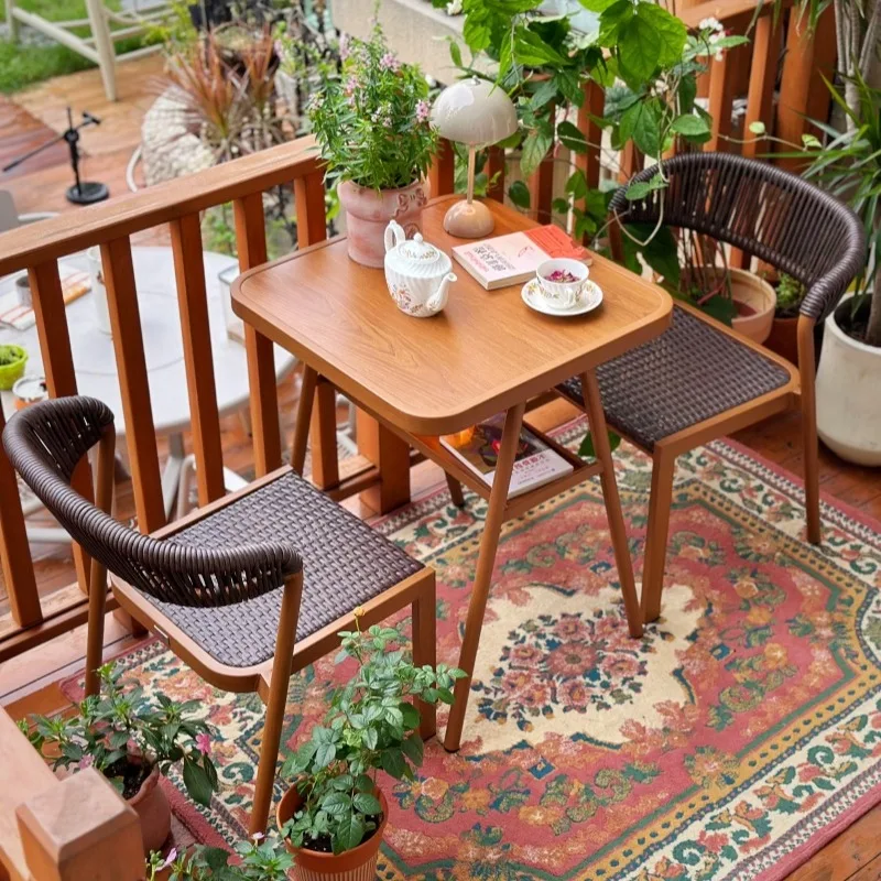 leaf balcony small table and chairs, leisure rattan chair three-piece combination small apartment reading table two chairs