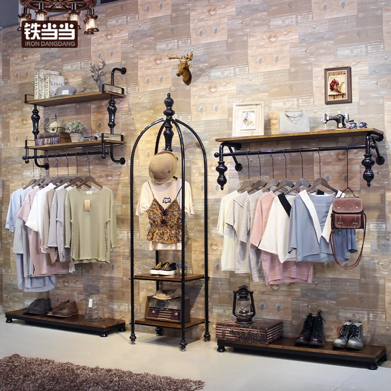 Appendiabiti Espositore per negozio di abbigliamento Appendiabiti retrò da parete dal pavimento al soffitto Appendiabiti combinato con sospensione laterale da donna