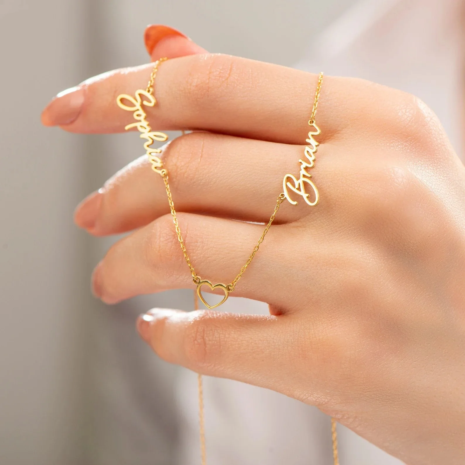 Luxury Personalized Stainless Steel Double Name Heart Chain Bracelet Necklace Gift For Her Gold Rose Gold Plated Diy Luxury Name