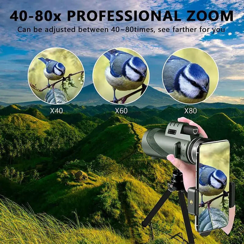 80x100 HD Monocular Telescope with Phone Holder Waterproof BAK4 Prism for Birdwatching, Hunting, Hiking, Outdoor Camping