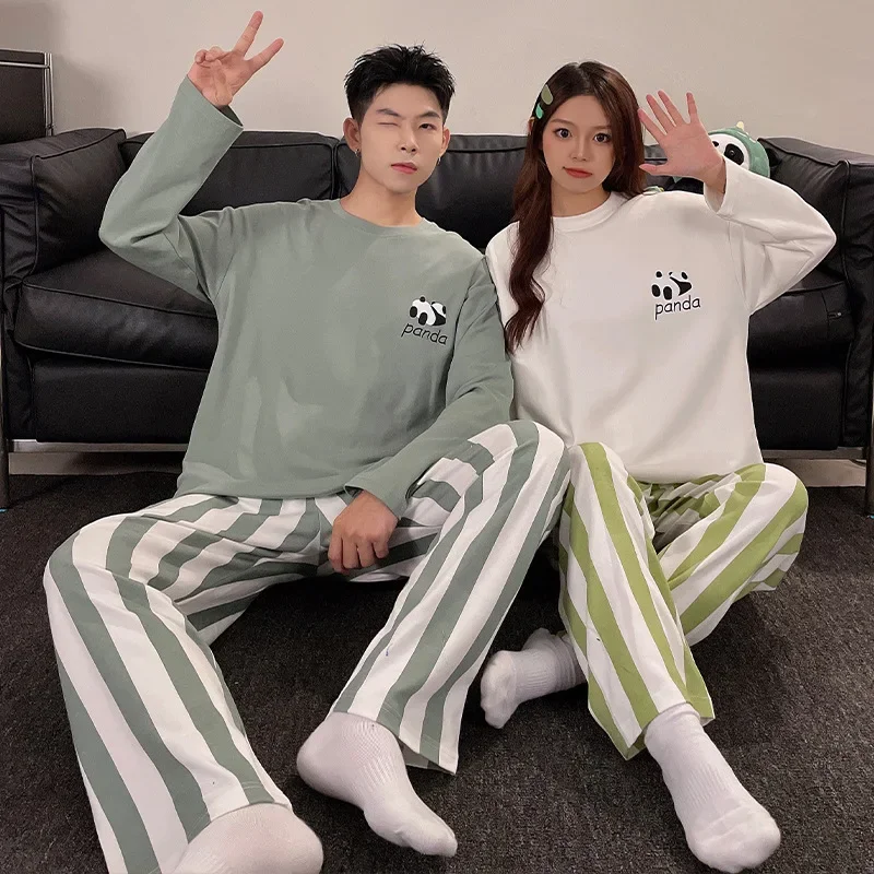 Couple Pajamas Set Cotton Autumn Long Sleeves Pants Home Suit Striped Lovers Sleepwear Comfortable Two-piece Female Pyjamas