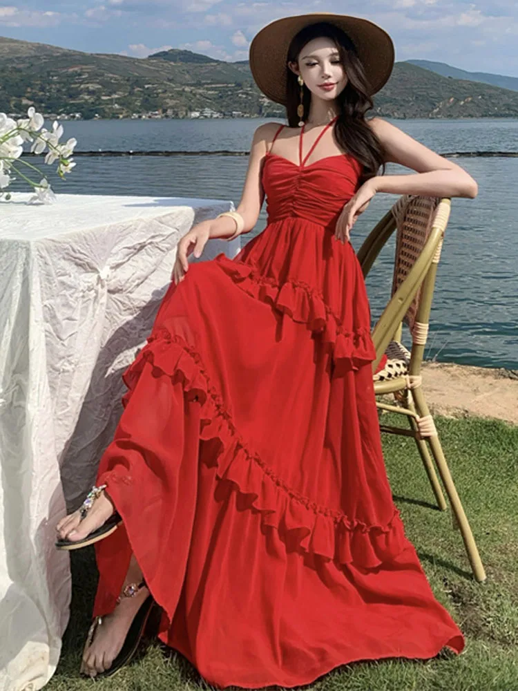 2023 frauen Sommer Sexy Backless Urlaub Strand Party Kleid Elegante Mode Ärmellose Boho Rot Rüschen Chiffon Lange Kleider Robe