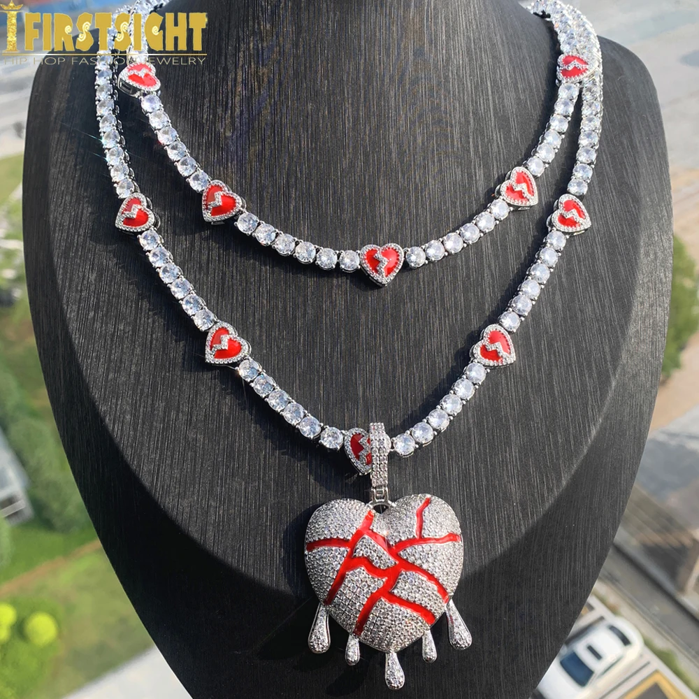 

New Crack Open Heart Pendant Necklace Iced Out Bling Red Enamel Lip Charm 5mm Tennis Chain Fashion Hip Hop Men Women Jewelry