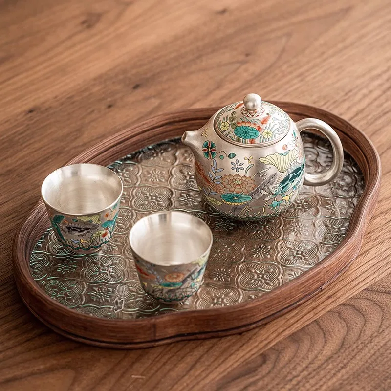 High-End 999 Gold-Plated Silver Teapot with Fish And Algae Pattern Household Tea Brewer Single Pot Chinese Kung Fu Style