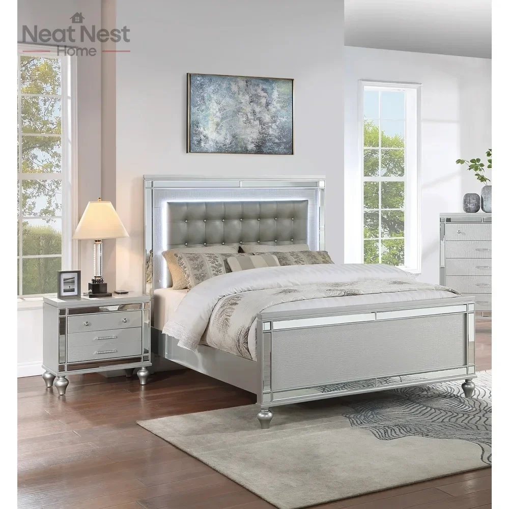 

Beautiful Silver Tufted Faux Leather King Size Bed w LED Lights 1pc Panel Bedframe Bedroom,size bed set furniture luxury,bedroom