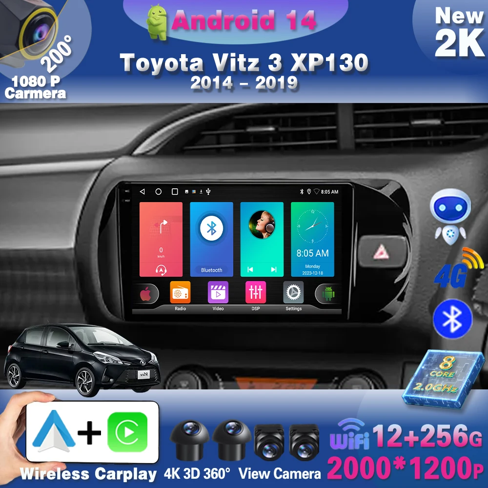 Android 14 For Toyota Vitz 3 XP130 2014 - 2019 RHD Carplay android Auto radio Multimedia Car Radio 4G WIFI GPS Auto Radio