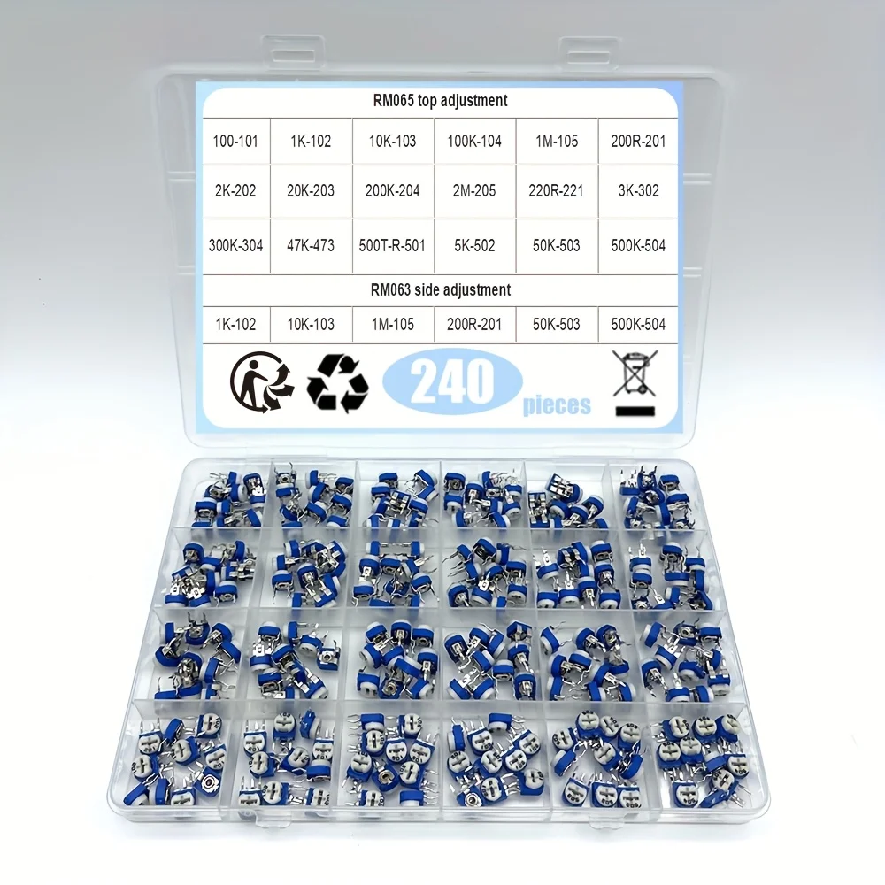 탄소 필름 수평 트림팟 전위차계 모음 키트, 가변 저항기, 24 값 RM065 100R - 2M RM063, 박스 당 240 개