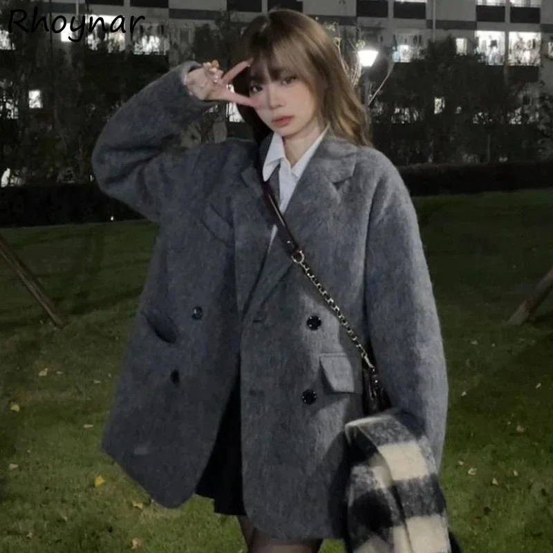 

Winter Gray Blends Women Ulzzang Thick Coat Warm Office Lady Temper Simple Baggy Casual Newly High Street Pockets Vintage Mujer