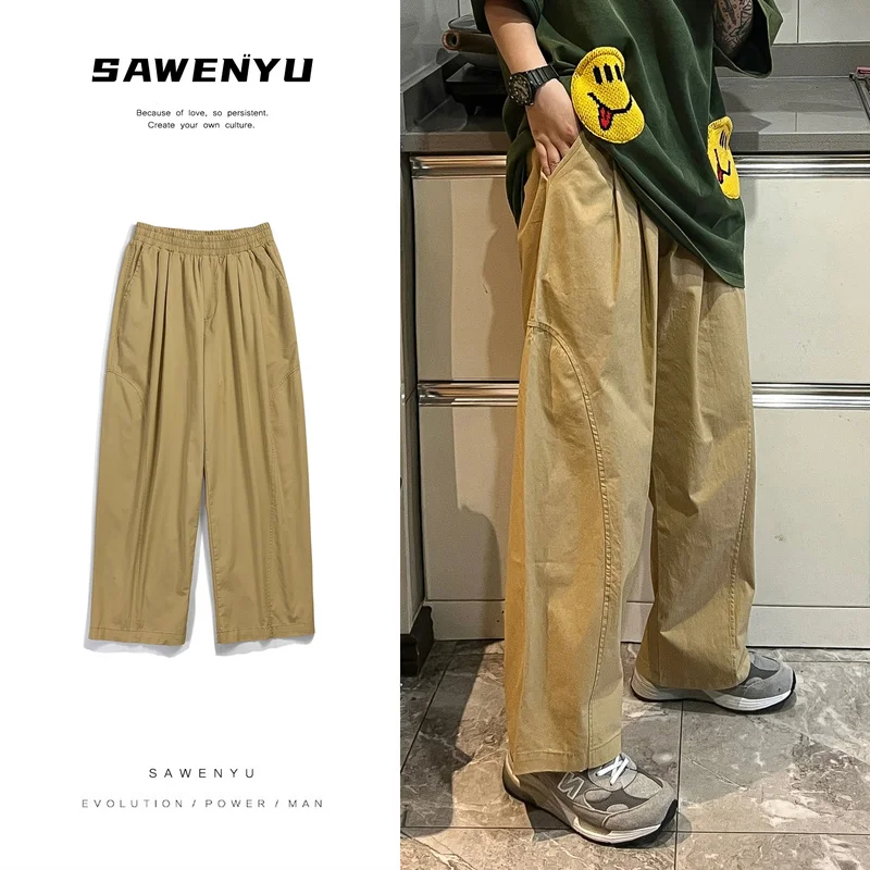 

Khaki overalls men's retro Japanese summer thin section loose casual nine-point wide-leg pants men's brand clothes