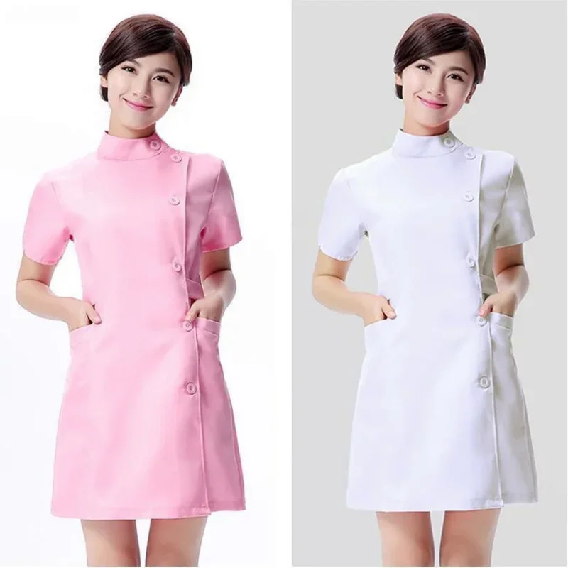 

Pink beauty uniform with beautician dress salon work clothes Spa uniforms scrubs coat Spa white robe experimental clothes