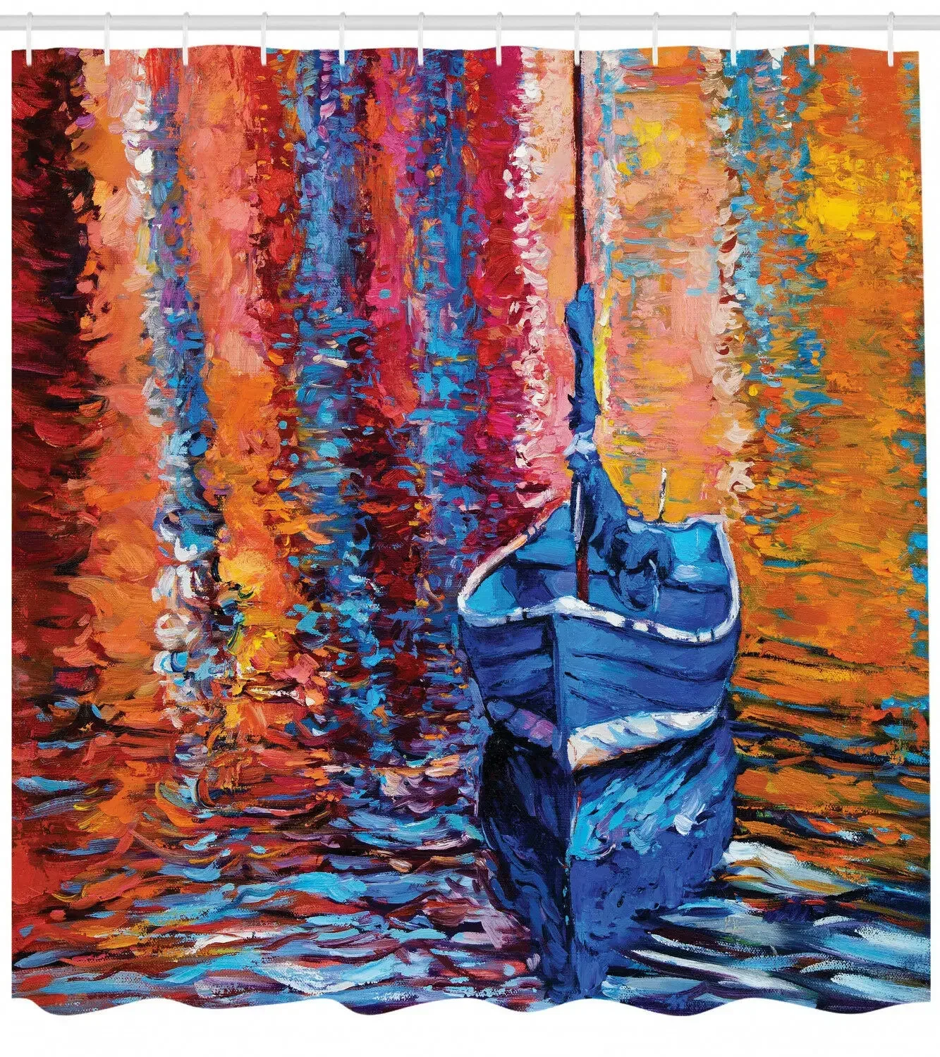 Fishing Boat on Lake with Sunset Colors Paint Style Print Shower Curtain