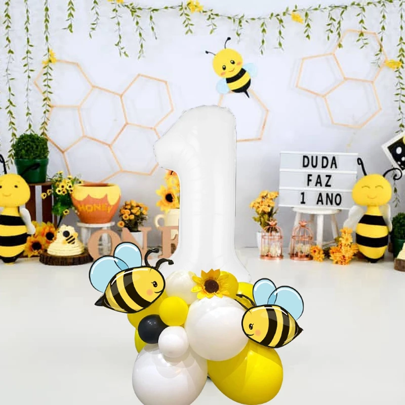 23pcs Carton Bee Balloons Tower 32inch White Number Foil Balloon Set for Kids Bee Themed Birthday Party Decorations DIY Supplies