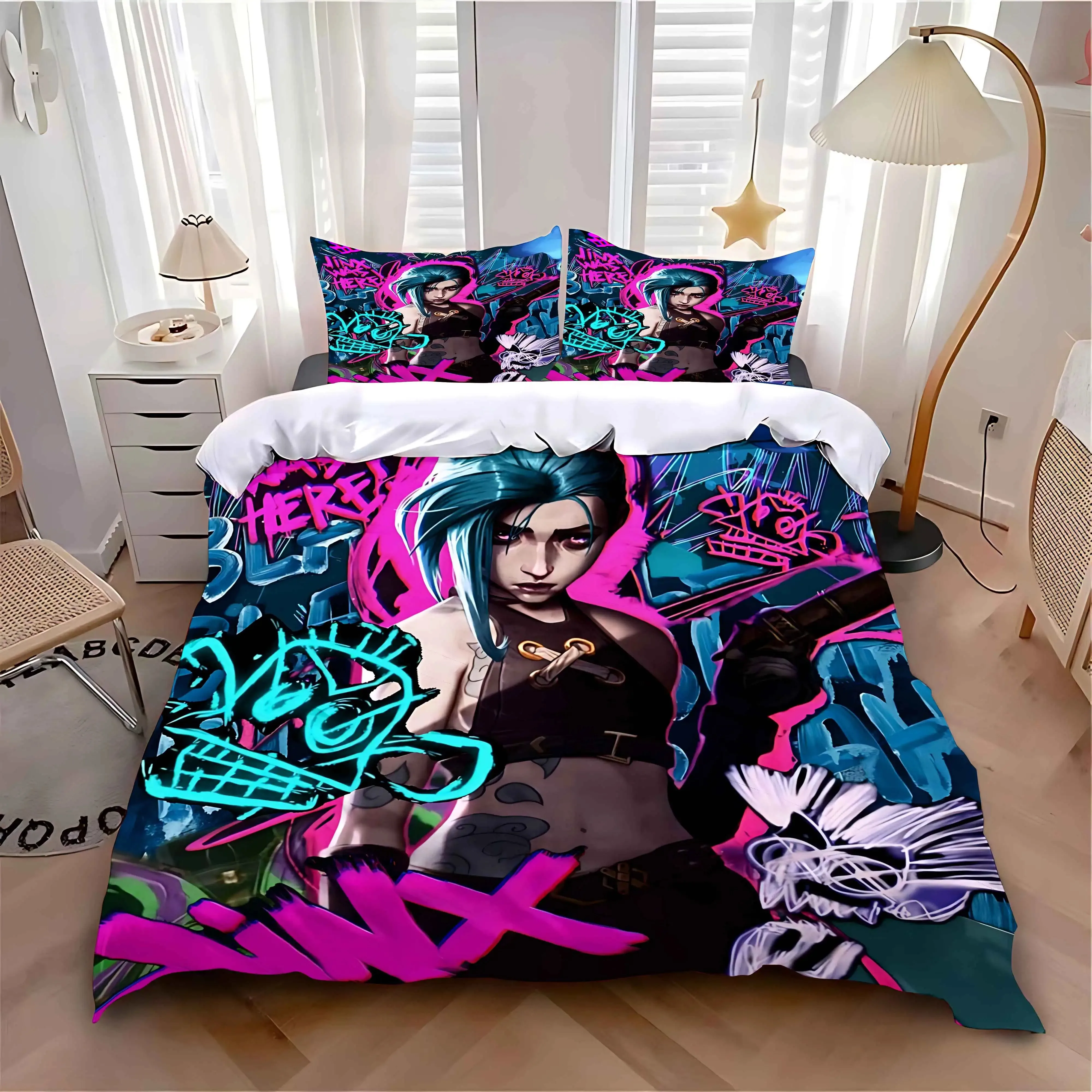 

Exquisite 3D Arcane Jinx Wallpaper Game Wild Rift Print Bedding Set Duvet Cover Comforter Bed Youth Girls Boys Gift