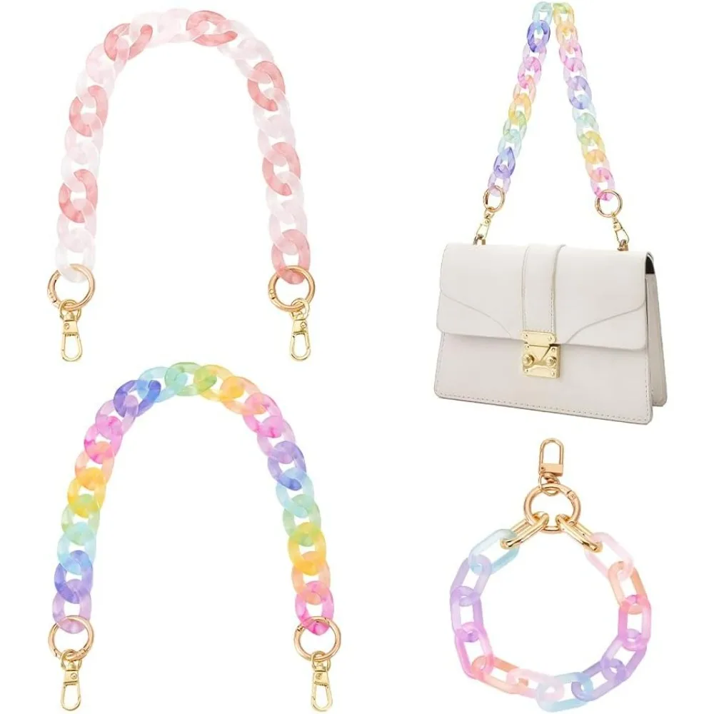 2pcs 17.1'' Transparent Acrylic Bag Chain with 1pc 12.2'' Wristlet Chain Straps, Frosted Rainbow Color Purse Strap Replacement