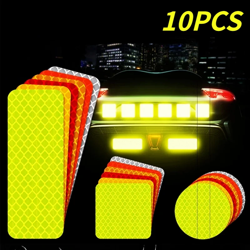 10Pcs 3x8/5x5CM Car Bumper Reflective Stickers Night Driving Safety Warning Waterproof Decals Auto Body Styling Colorful Decor