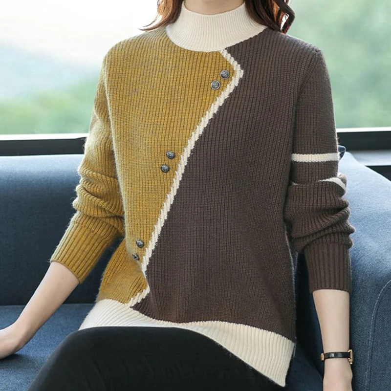 

Autumn Winter Fashion Asymmetrical Striped Knitwear Ladies Korean Style Warm Loose Middle-Aged Pullovers Women Simple Sweater